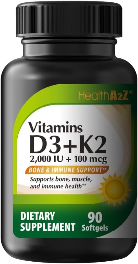 Vitamin D3 and K2 Supplement (2000IU + 100mcg, 90 Softgels) by NutraA2Z
