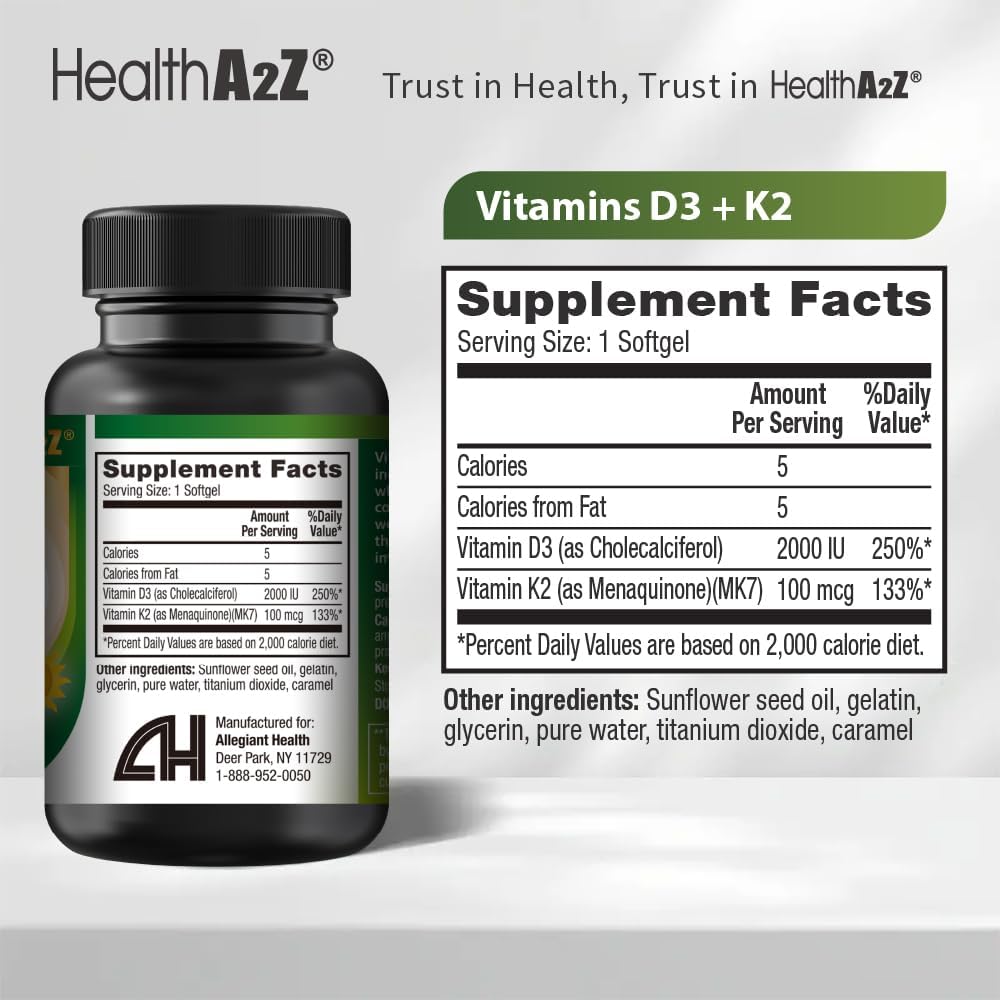 Vitamin D3 and K2 Supplement (2000IU + 100mcg, 90 Softgels) by NutraA2Z