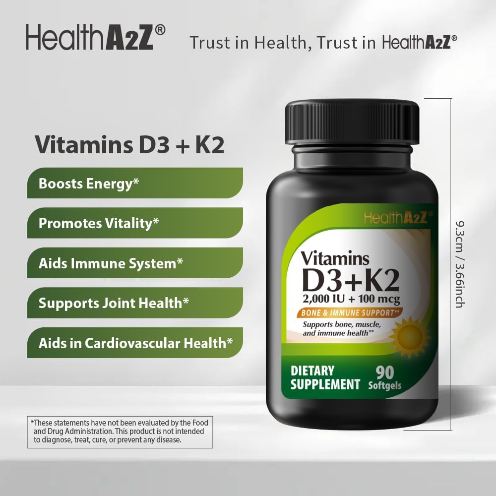 Vitamin D3 and K2 Supplement (2000IU + 100mcg, 90 Softgels) by NutraA2Z