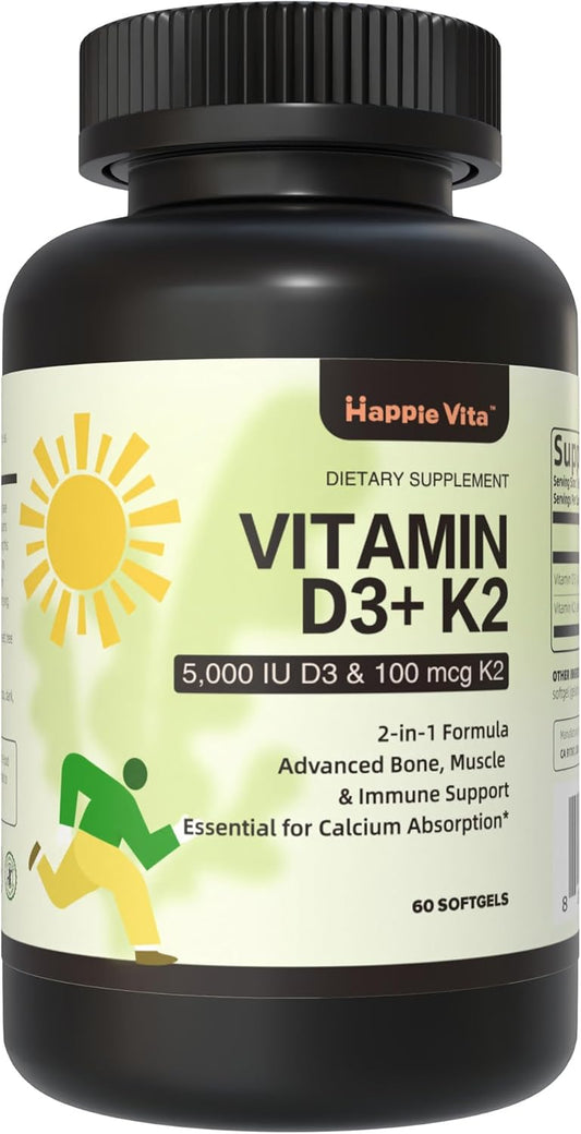 Vitamin D3 K2 5000 IU + 100 mcg Softgels for Bone, Teeth, Muscle, Immune Health - 60 Count