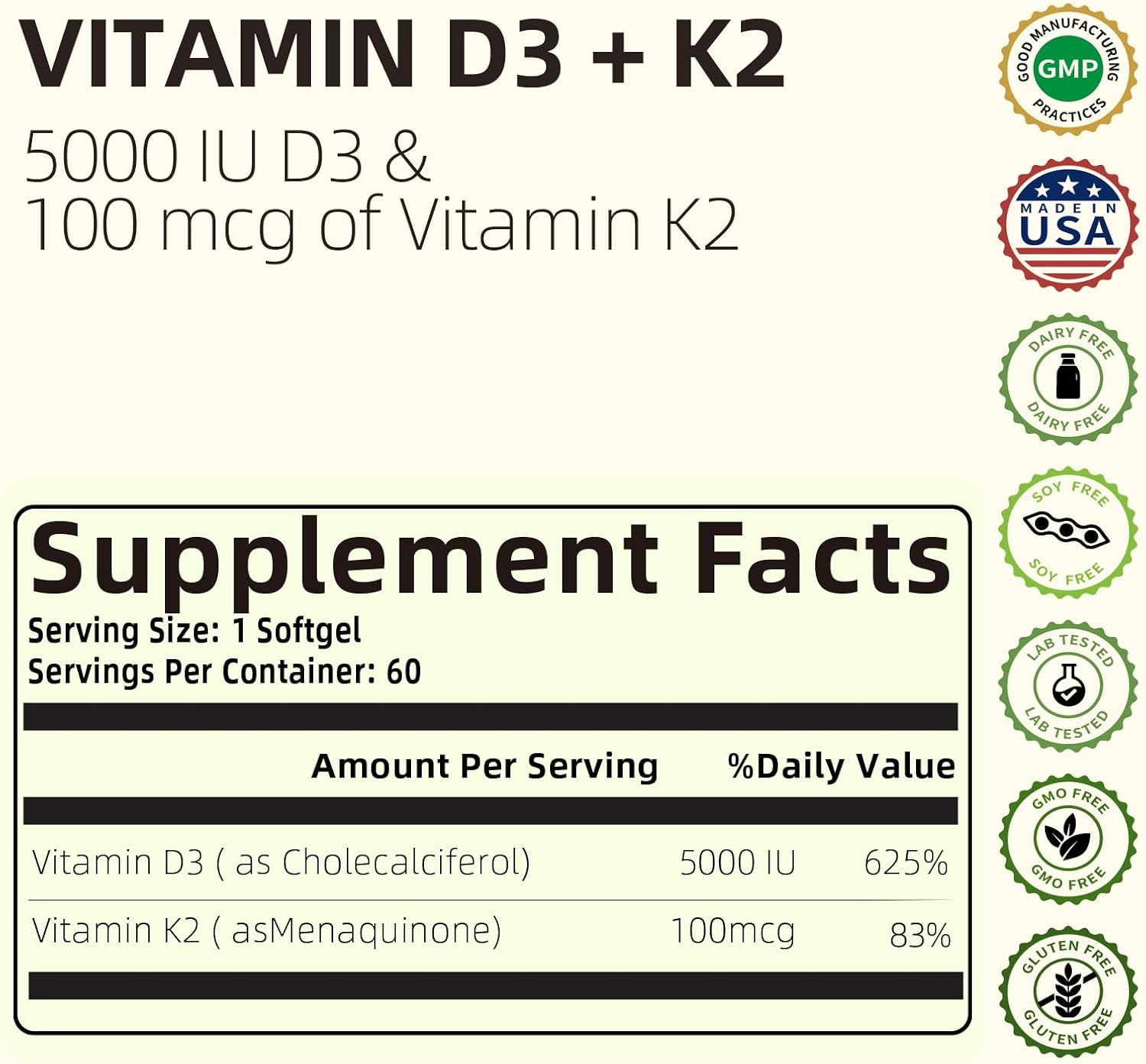 Vitamin D3 K2 5000 IU + 100 mcg Softgels for Bone, Teeth, Muscle, Immune Health - 60 Count