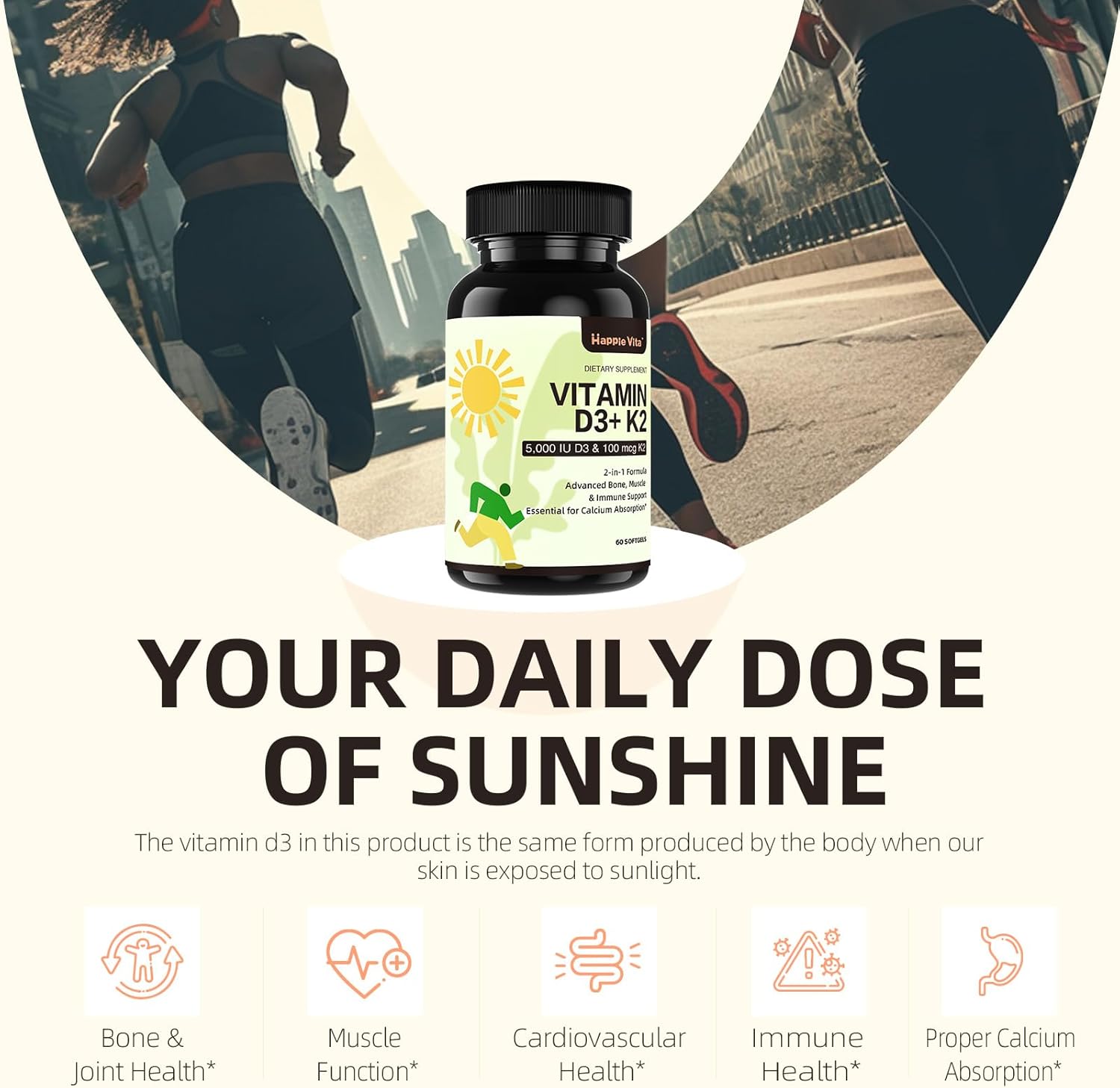 Vitamin D3 K2 5000 IU + 100 mcg Softgels for Bone, Teeth, Muscle, Immune Health - 60 Count