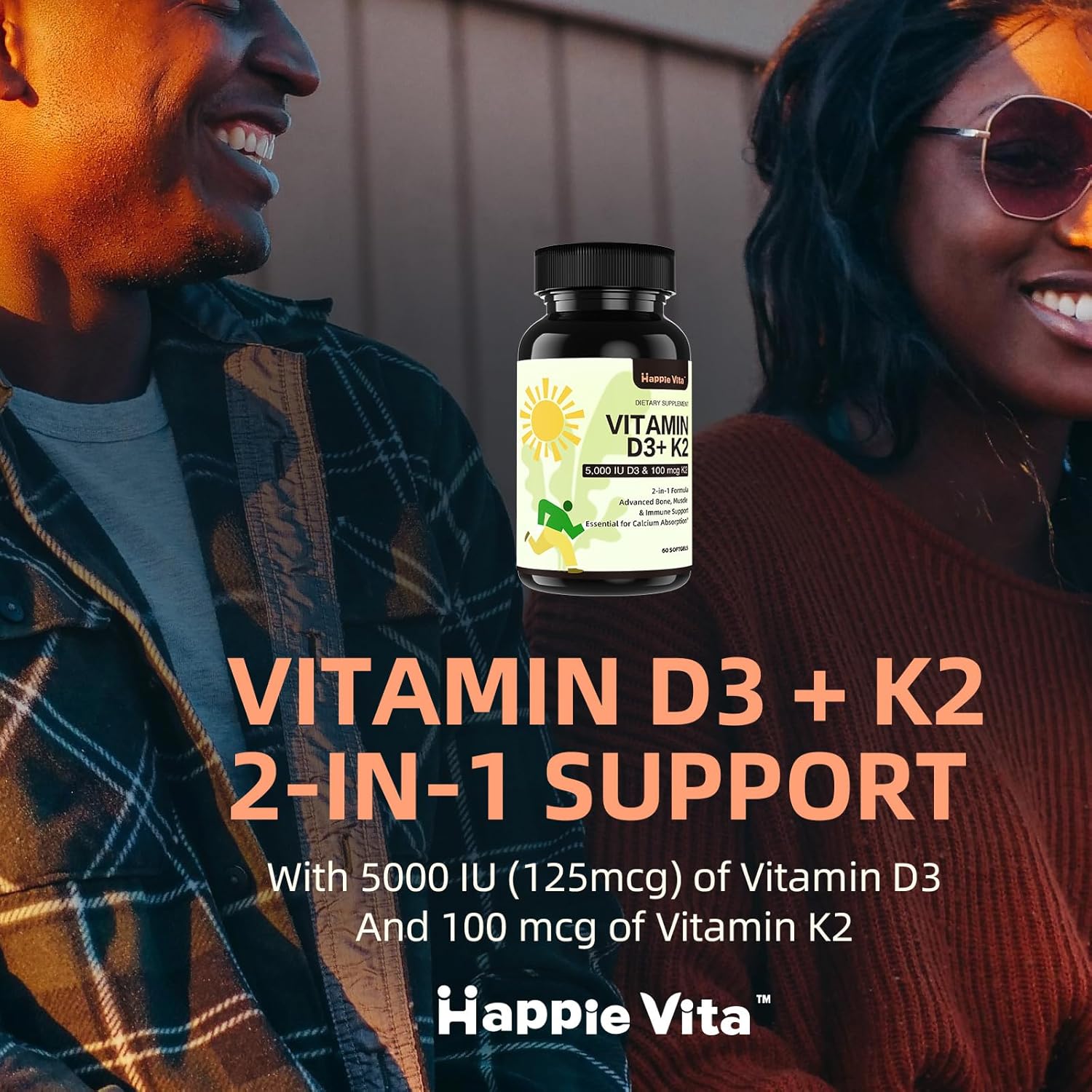 Vitamin D3 K2 5000 IU + 100 mcg Softgels for Bone, Teeth, Muscle, Immune Health - 60 Count