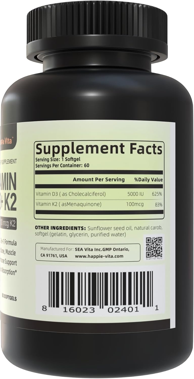 Vitamin D3 K2 5000 IU + 100 mcg Softgels for Bone, Teeth, Muscle, Immune Health - 60 Count