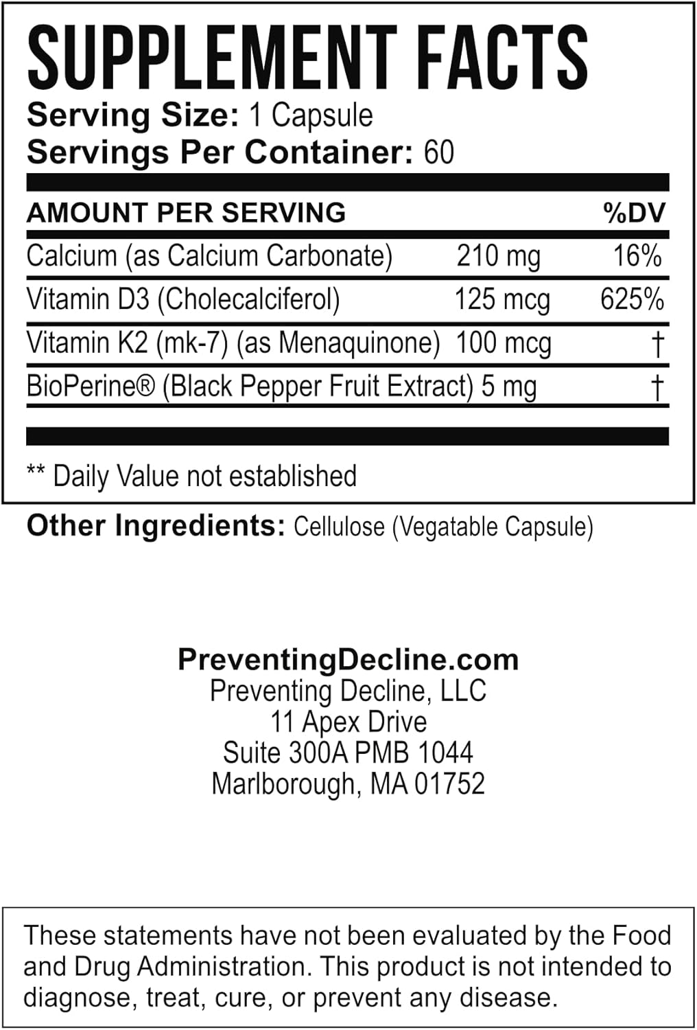 Vitamin D3 & K2 Supplement for Preventing Decline | Non-GMO Formula | Easy-to-Swallow Capsules | 60 Count