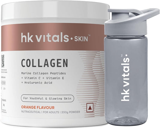 Vitamin-Enriched HealthKart Marine Collagen Supplement & Sipper Bottle Combo (Orange/Grey, 200g/300ml) for Skin, Hair, and Nails Health