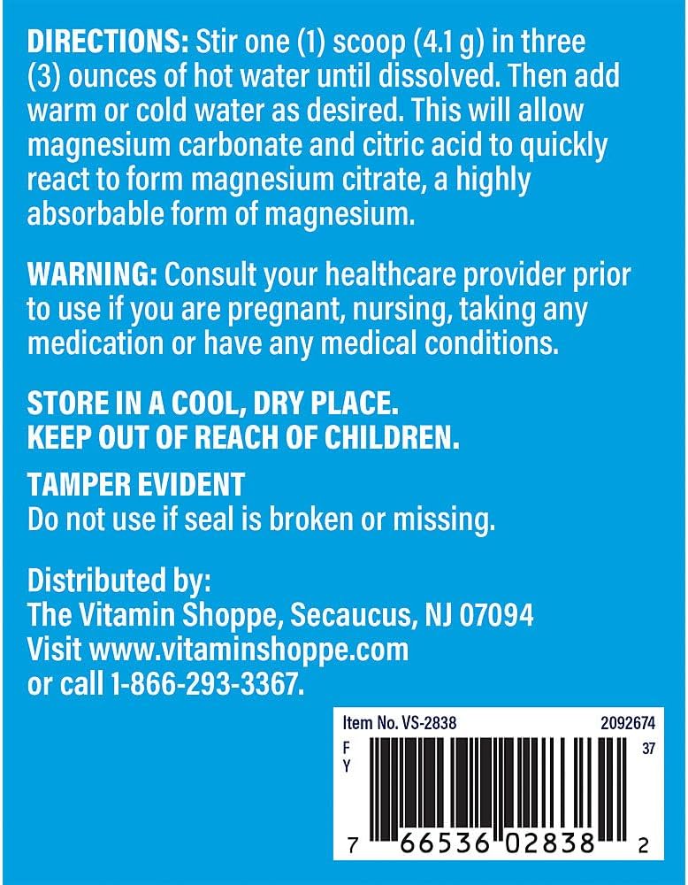 Vitamin Shoppe Calm Zone Magnesium Mineral Powder 325mg Unflavored Relaxation Drink for Muscles Digestive & Bone Support Natural Flavor Calm & Regularity 16 Ounces Powder