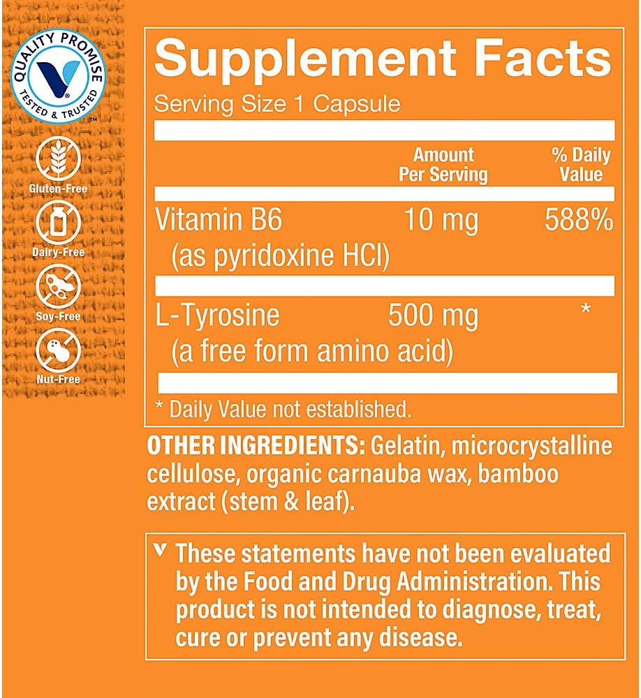 Vitamin Shoppe L-Tyrosine 500 MG Capsules - 100 Count - Natural Mood Enhancement Supplement