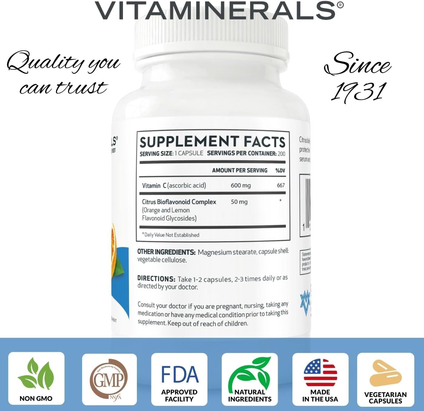Vitaminerals™ Vitamin C-600® with Bioflavanoids - 200 Veggie Capsules for Antioxidant Support