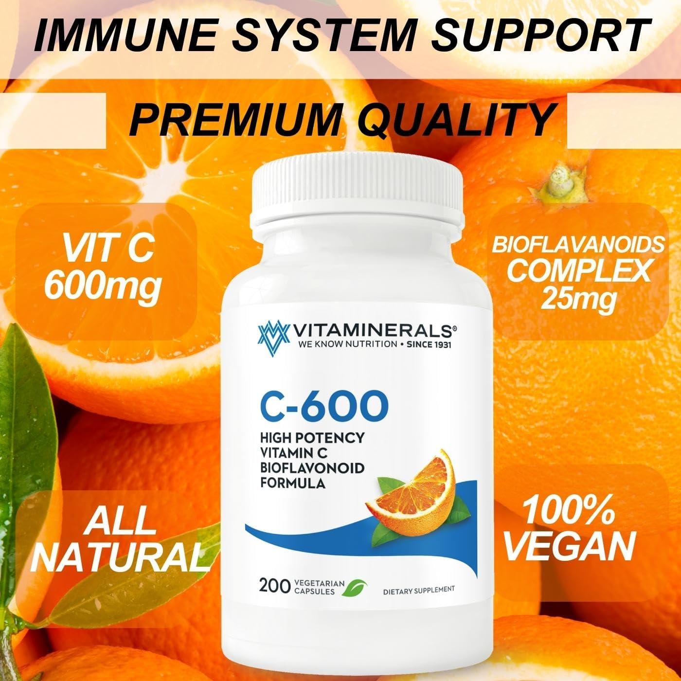 Vitaminerals™ Vitamin C-600® with Bioflavanoids - 200 Veggie Capsules for Antioxidant Support