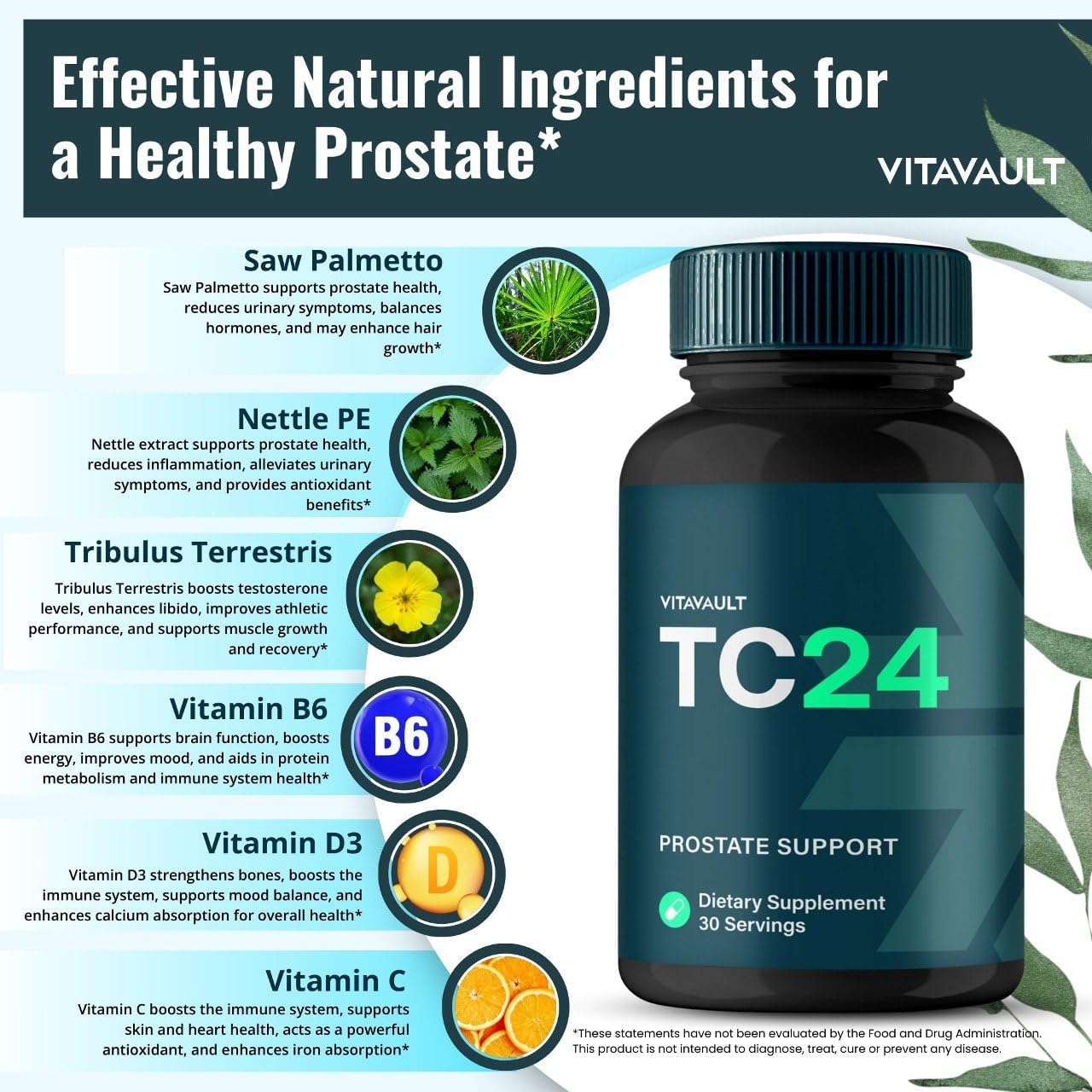 Vitavault TC24 Prostate Health Supplement Capsules - Extra Strength All Natural Formula (3 Pack)
