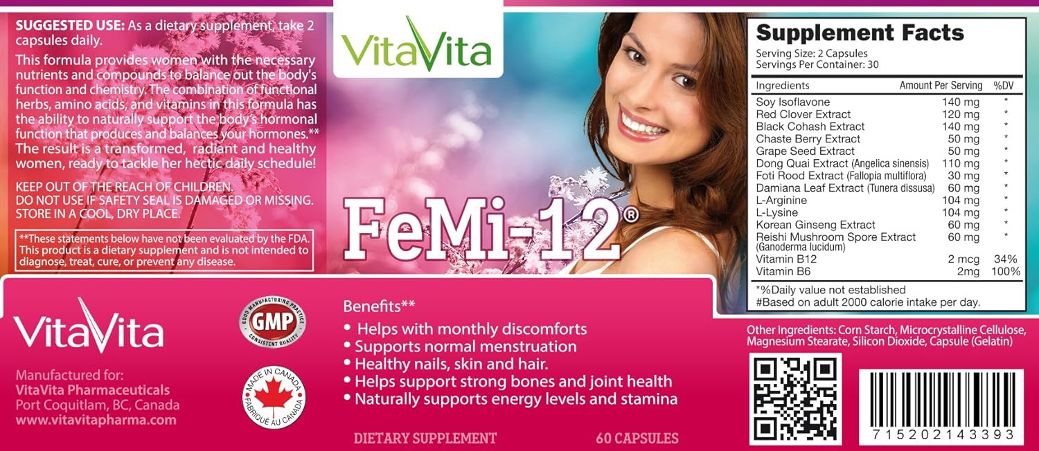 VitaVita FeMi-12: Natural Support for Women's Monthly Period Discomforts (60 Capsules)