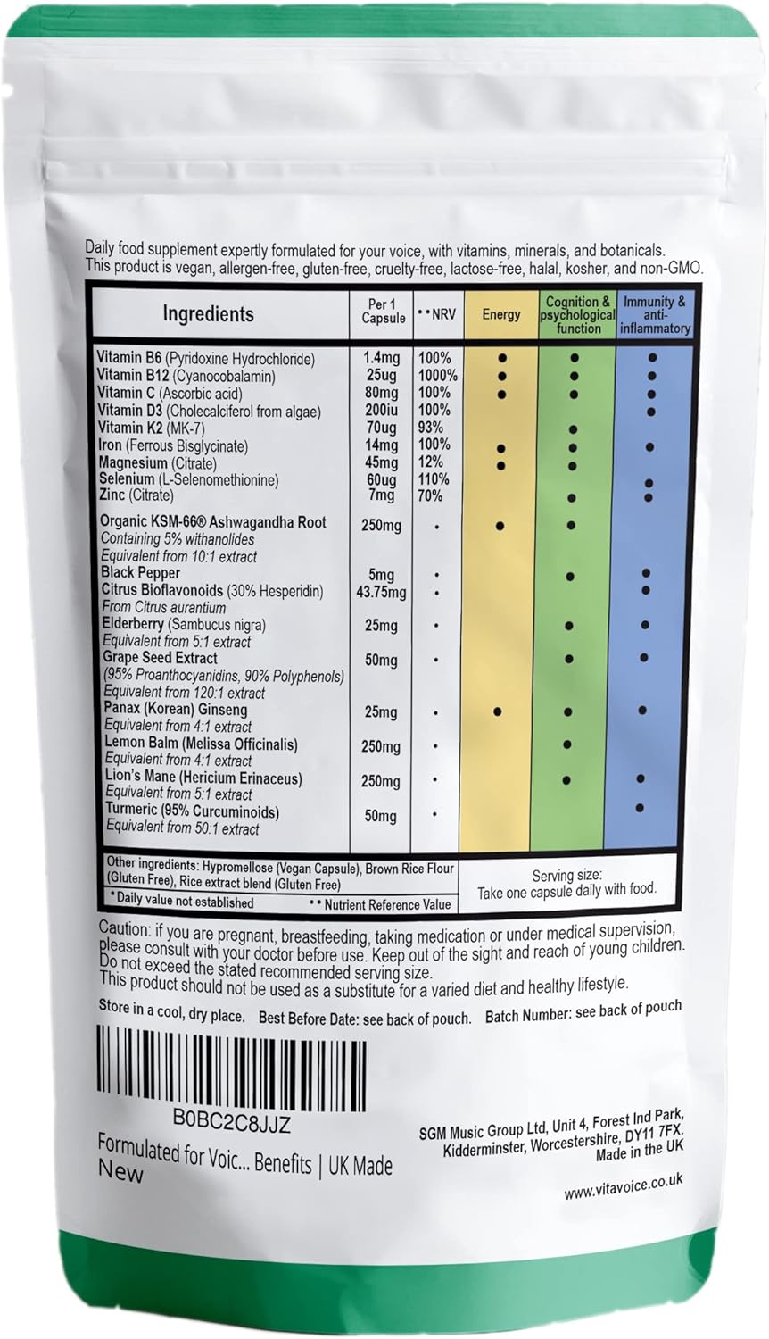 VitaVoice Nootropics & Vitamins for Vocal Health, Wellbeing & Mindset - 30 Capsules