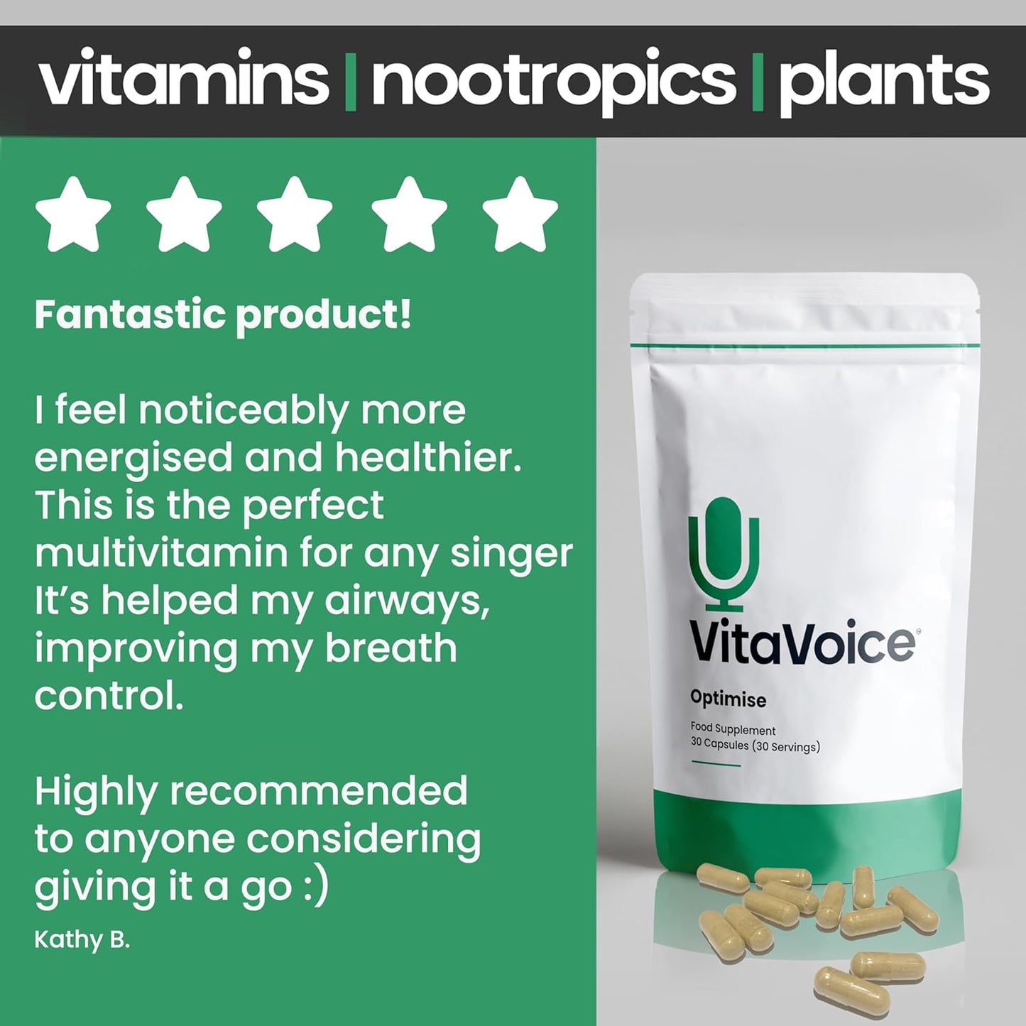 VitaVoice Nootropics & Vitamins for Vocal Health, Wellbeing & Mindset - 30 Capsules