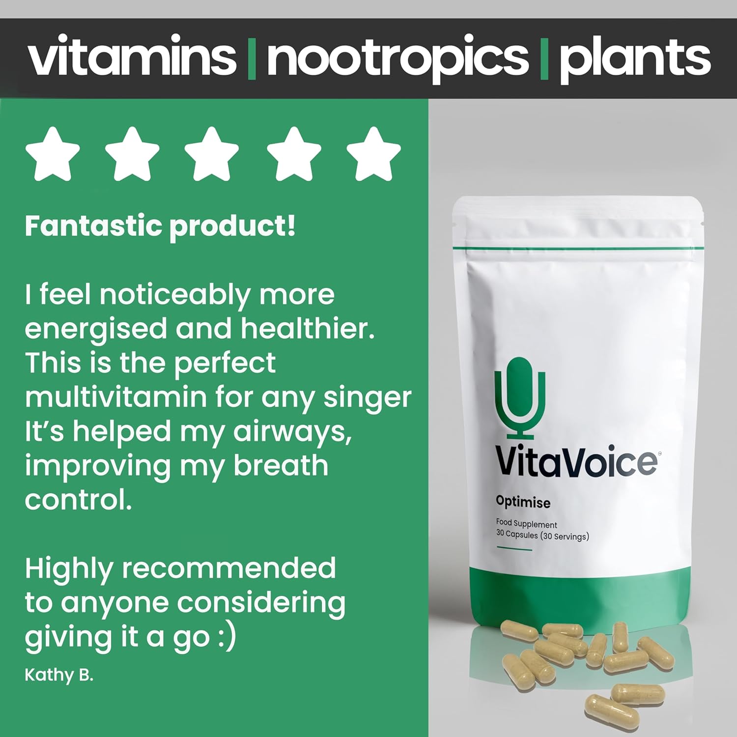 VitaVoice Nootropics & Vitamins for Vocal Health, Wellbeing & Mindset - 30 Capsules