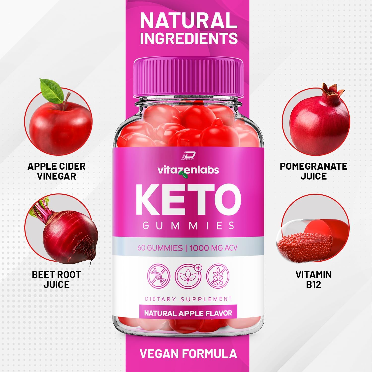 Vitazen Labs Keto ACV Gummies with Vitamin B12 - Apple Cider Vinegar 1000MG Supplement - 5 Pack (300 Gummies)
