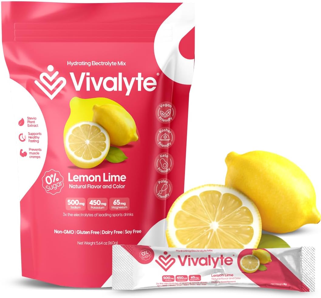 Vivalyte Electrolyte Powder - Natural Hydration Packets with Stevia, Sodium, Potassium Citrate & Magnesium L-Threonate - 20 Count (Lemon Flavor, No Sugar)