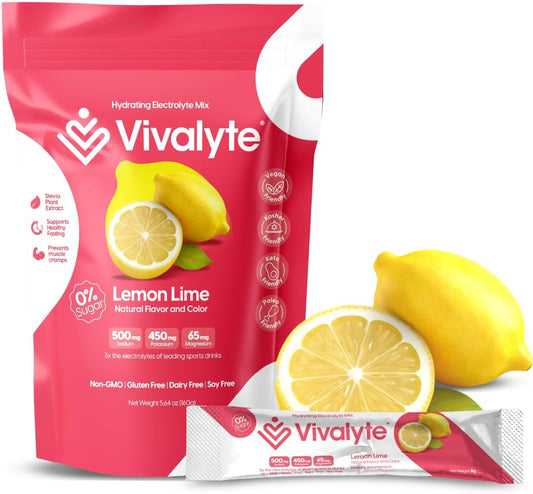 Vivalyte Electrolyte Powder - Natural Hydration Packets with Stevia, Sodium, Potassium Citrate & Magnesium L-Threonate - 20 Count (Lemon Flavor, No Sugar)