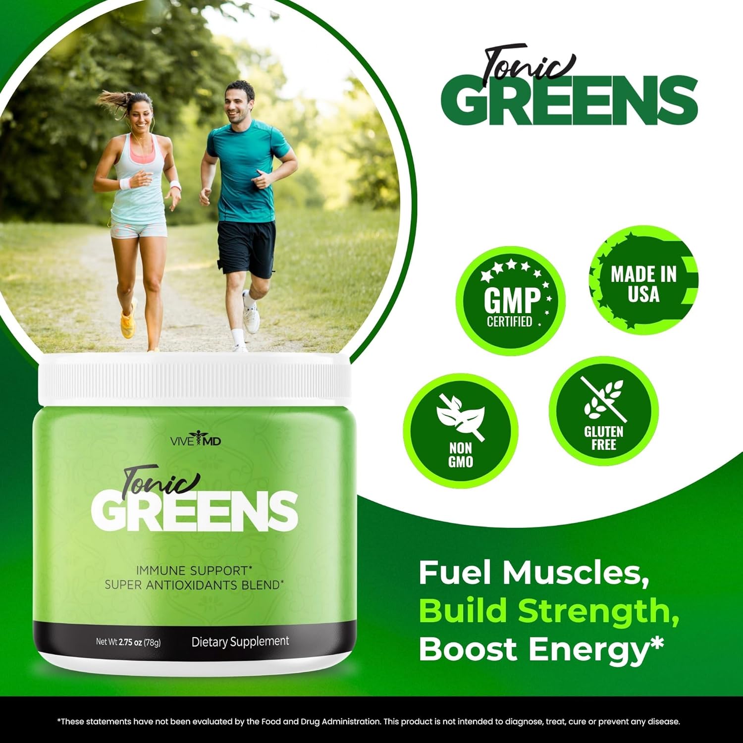 VIVE MD Tonic Greens Powder Official Formula - Natural Green Blend Energy Supplement with BCAA, L-Glutamine, Vitamin B6 - Extra Strength Vitamin Boost Solution for Revolutionary Energy Fix