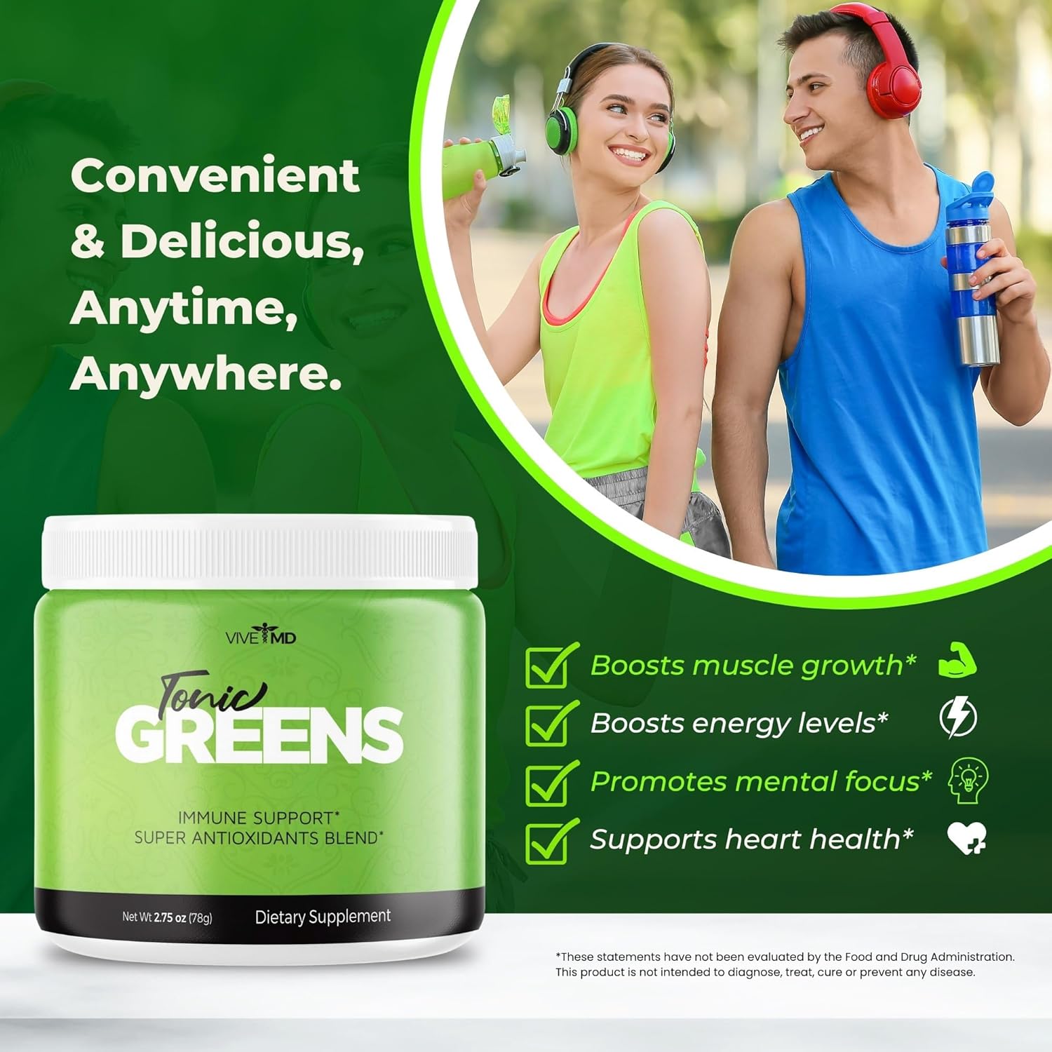 VIVE MD Tonic Greens Powder Official Formula - Natural Green Blend Energy Supplement with BCAA, L-Glutamine, Vitamin B6 - Extra Strength Vitamin Boost Solution for Revolutionary Energy Fix