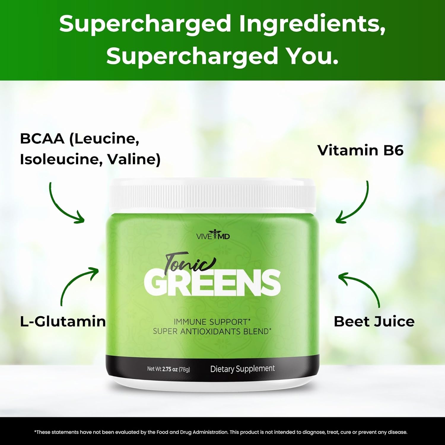 VIVE MD Tonic Greens Powder Official Formula - Natural Green Blend Energy Supplement with BCAA, L-Glutamine, Vitamin B6 - Extra Strength Vitamin Boost Solution for Revolutionary Energy Fix