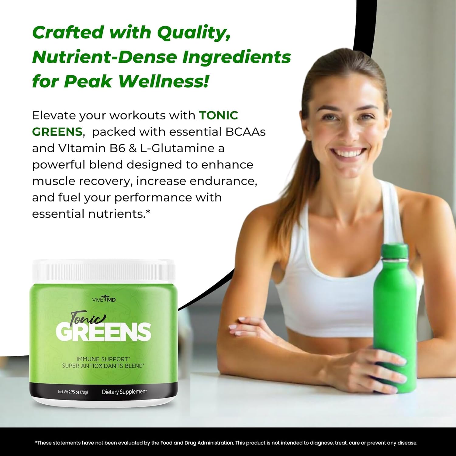 VIVE MD Tonic Greens Powder Official Formula - Natural Green Blend Energy Supplement with BCAA, L-Glutamine, Vitamin B6 - Extra Strength Vitamin Boost Solution for Revolutionary Energy Fix
