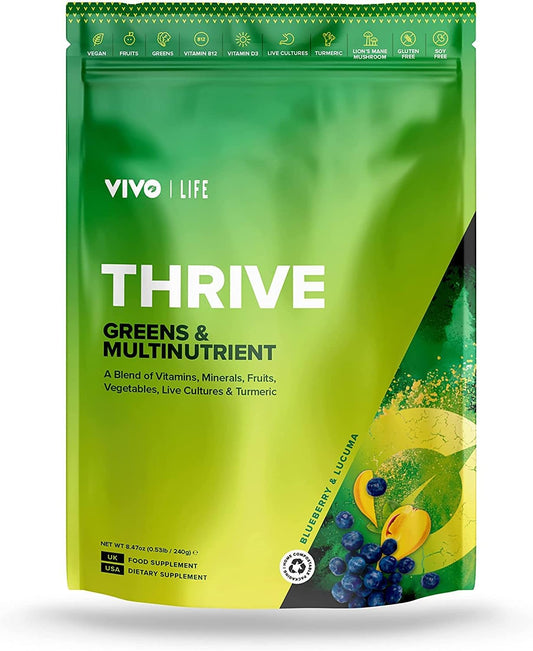 Vivo Life Thrive Superfood: Blueberry & Lucuma Flavour, 30 Servings - 8.46oz Vegan Powder with Vitamins, Minerals, Fruits, and Greens