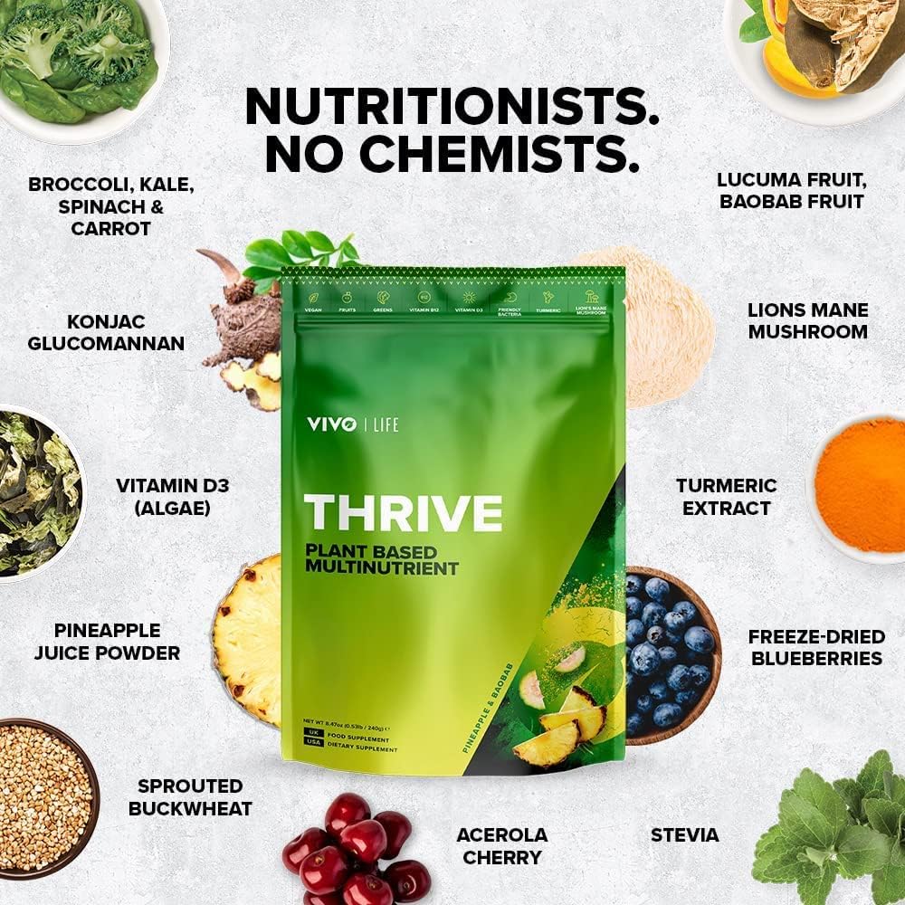 Vivo Life Thrive Superfood: Blueberry & Lucuma Flavour, 30 Servings - 8.46oz Vegan Powder with Vitamins, Minerals, Fruits, and Greens