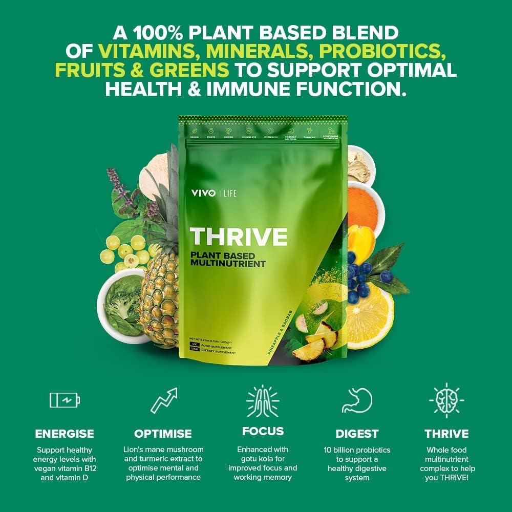 Vivo Life Thrive Superfood: Blueberry & Lucuma Flavour, 30 Servings - 8.46oz Vegan Powder with Vitamins, Minerals, Fruits, and Greens