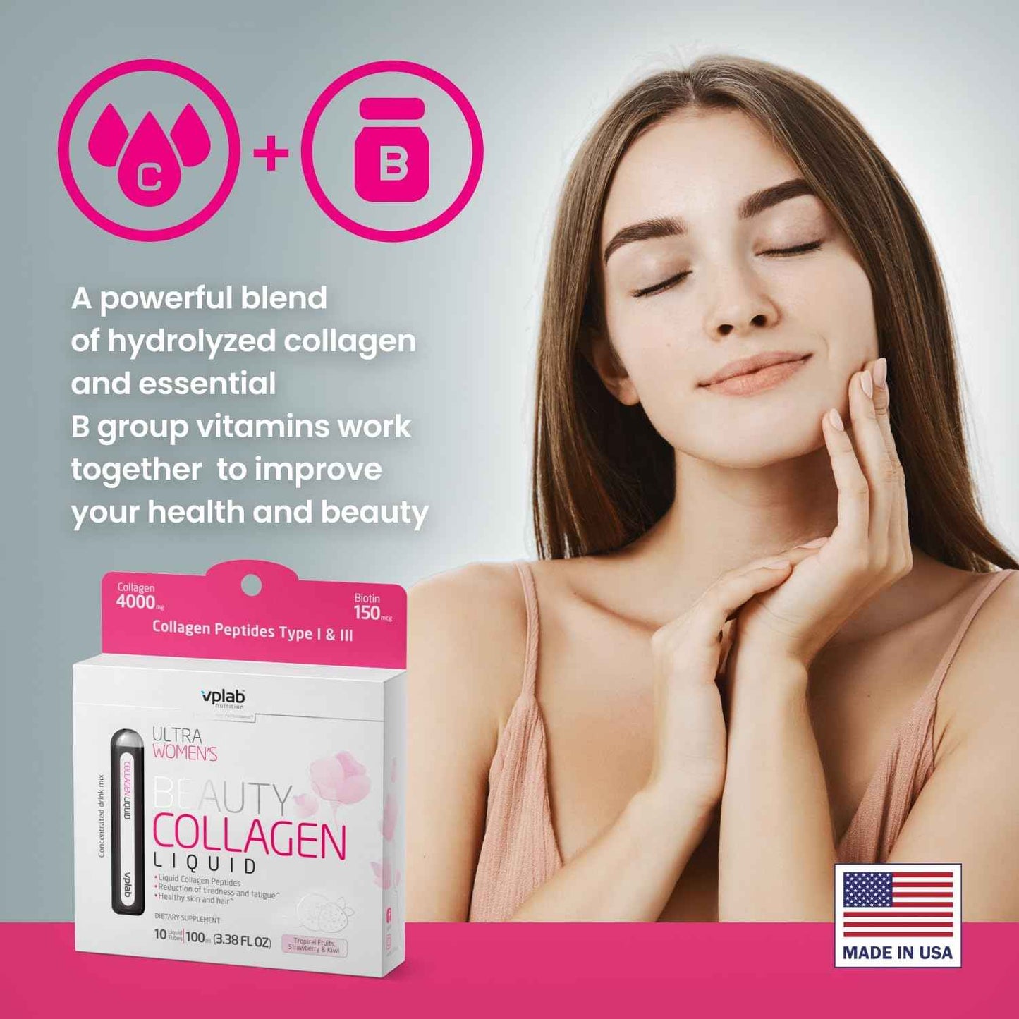 VPLab Women's Beauty Bundle - Multivitamin Caplets & Liquid Collagen for Hair, Skin, Nails - Biotin, Iron, Vitamin B, D, C & Zinc - Essential Daily Health Support, 90 Caplets + 10 Tubes