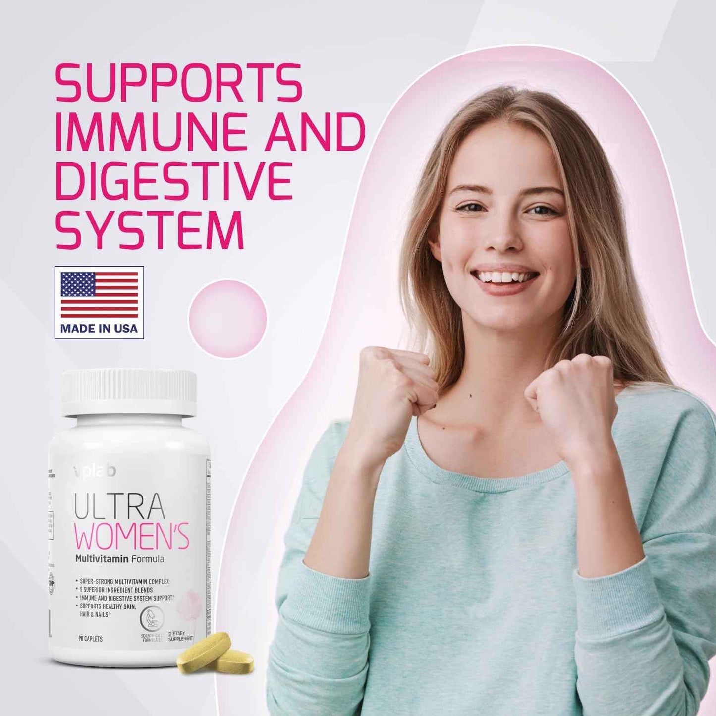 VPLab Women's Beauty Bundle - Multivitamin Caplets & Liquid Collagen for Hair, Skin, Nails - Biotin, Iron, Vitamin B, D, C & Zinc - Essential Daily Health Support, 90 Caplets + 10 Tubes