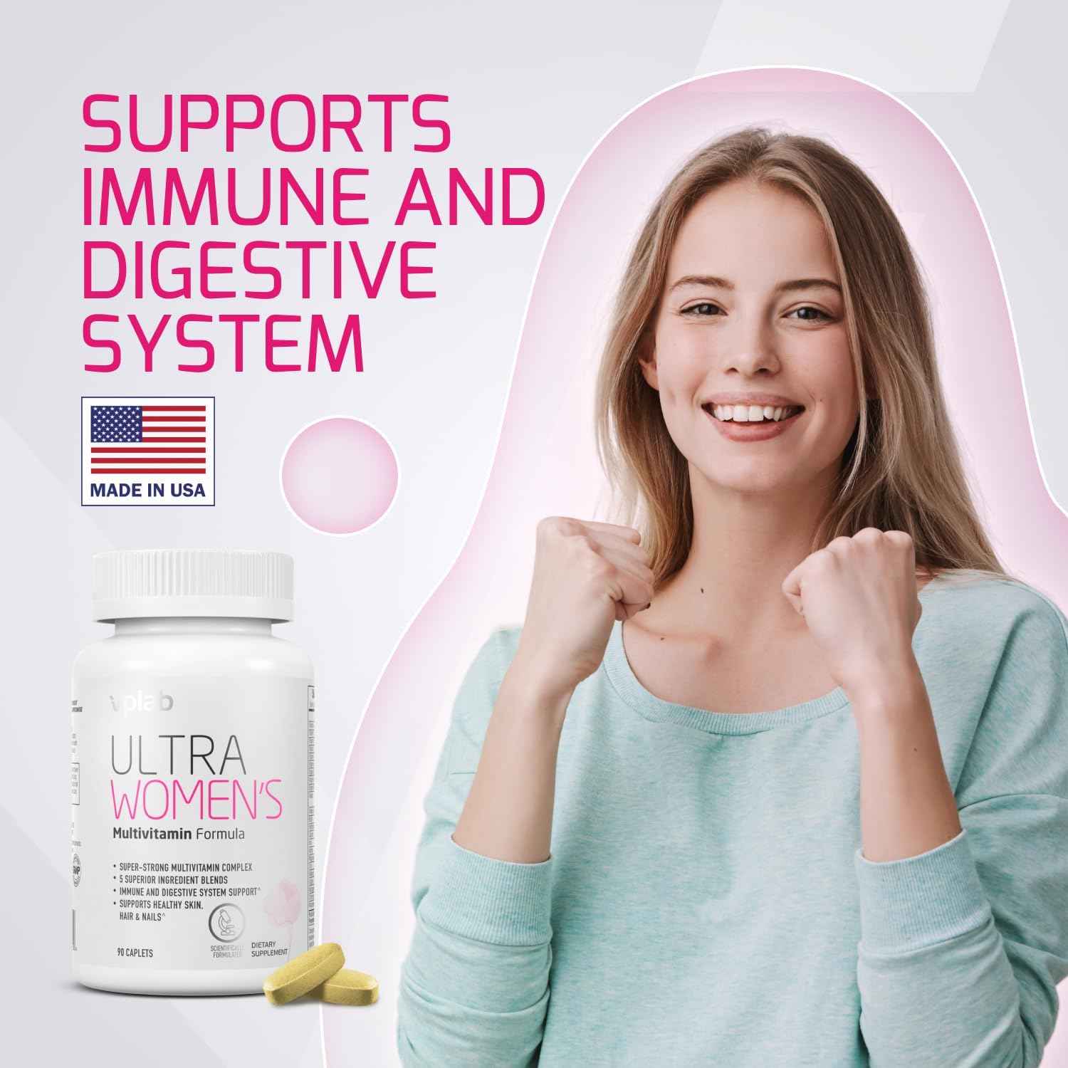 VPLab Women's Beauty Bundle - Multivitamin Caplets & Liquid Collagen for Hair, Skin, Nails - Biotin, Iron, Vitamin B, D, C & Zinc - Essential Daily Health Support, 90 Caplets + 10 Tubes