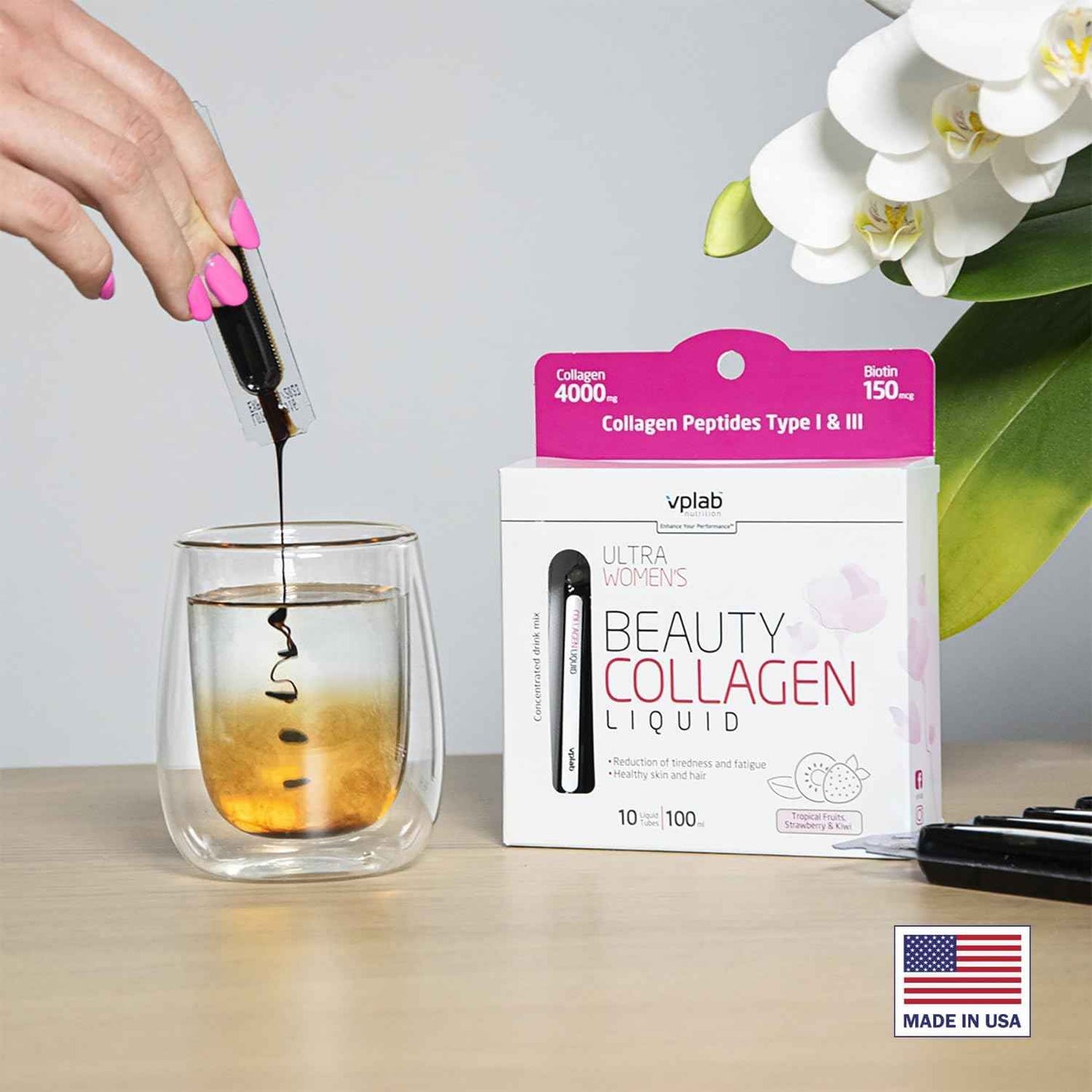 VPLab Women's Beauty Bundle - Multivitamin Caplets & Liquid Collagen for Hair, Skin, Nails - Biotin, Iron, Vitamin B, D, C & Zinc - Essential Daily Health Support, 90 Caplets + 10 Tubes