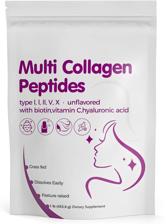 Vrixlanua Multi Collagen Protein Powder with Vitamin C, Hyaluronic Acid, Biotin - Unflavored Hydrolyzed Peptides - Type I, II, III, V, X - Easy Dissolve - 1lb
