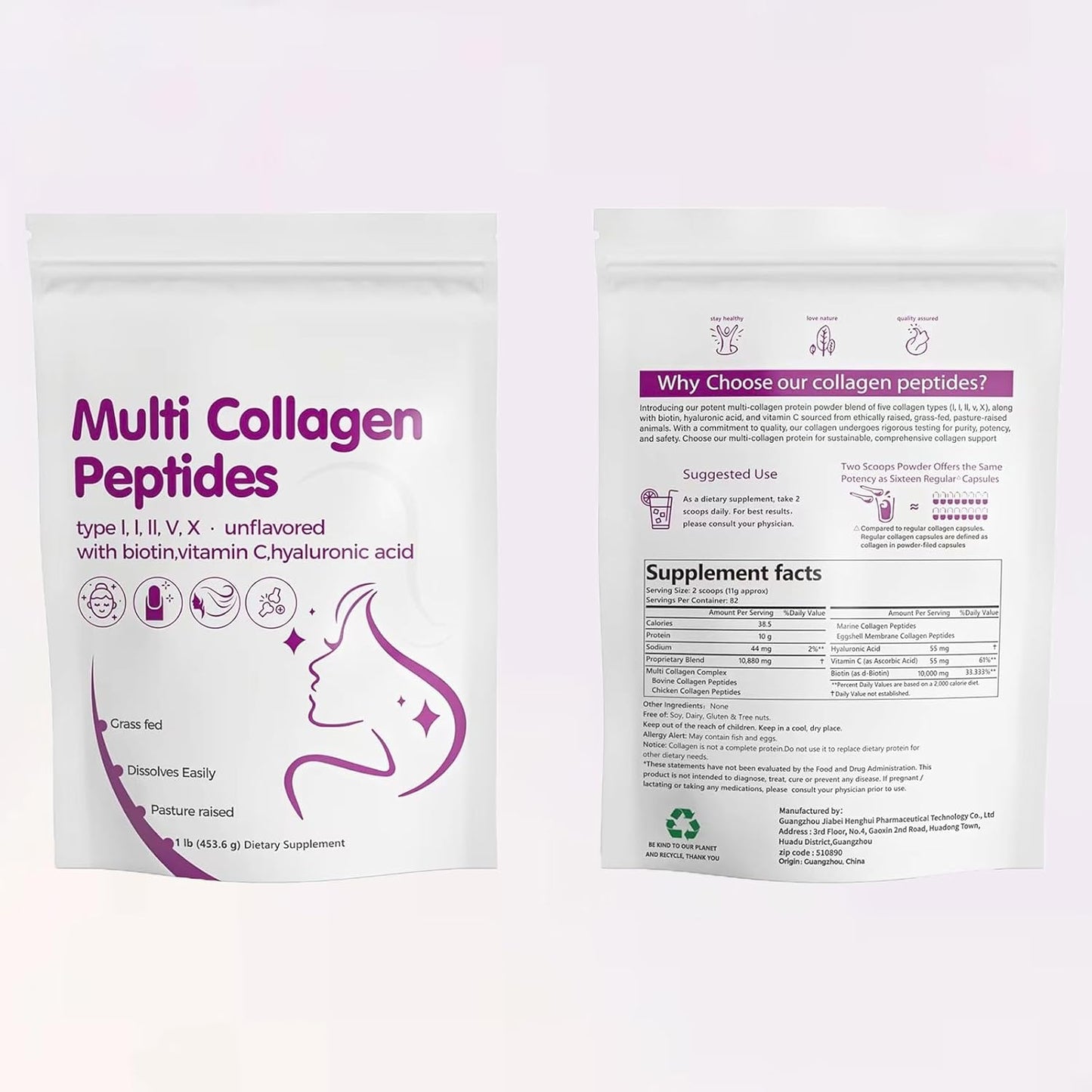 Vrixlanua Multi Collagen Protein Powder with Vitamin C, Hyaluronic Acid, Biotin - Unflavored Hydrolyzed Peptides - Type I, II, III, V, X - Easy Dissolve - 1lb