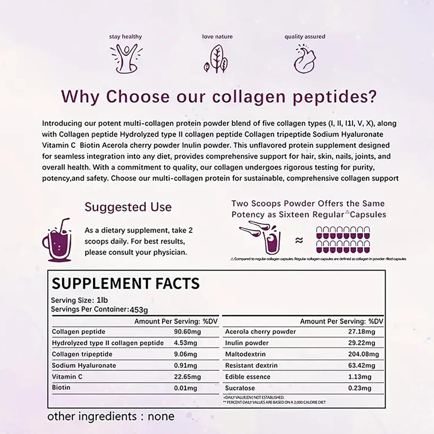 Vrixlanua Multi Collagen Protein Powder with Vitamin C, Hyaluronic Acid, Biotin - Unflavored Hydrolyzed Peptides - Type I, II, III, V, X - Easy Dissolve - 1lb