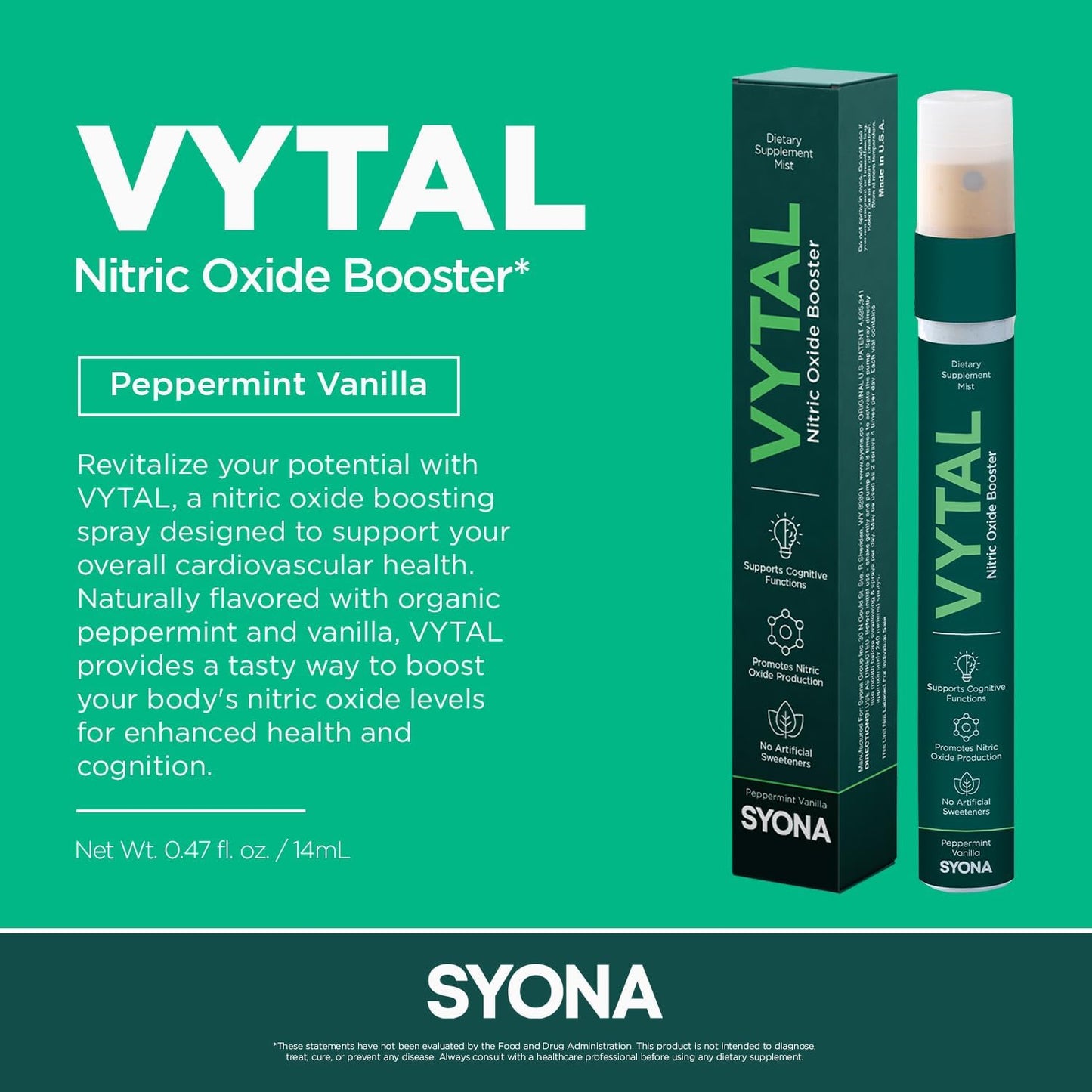 VYTAL Nitric Oxide Boosting Spray - Cardiovascular & Cognitive Support - Peppermint Vanilla Flavor - B12, B3, L-Arginine - 14ml Pump Bottle