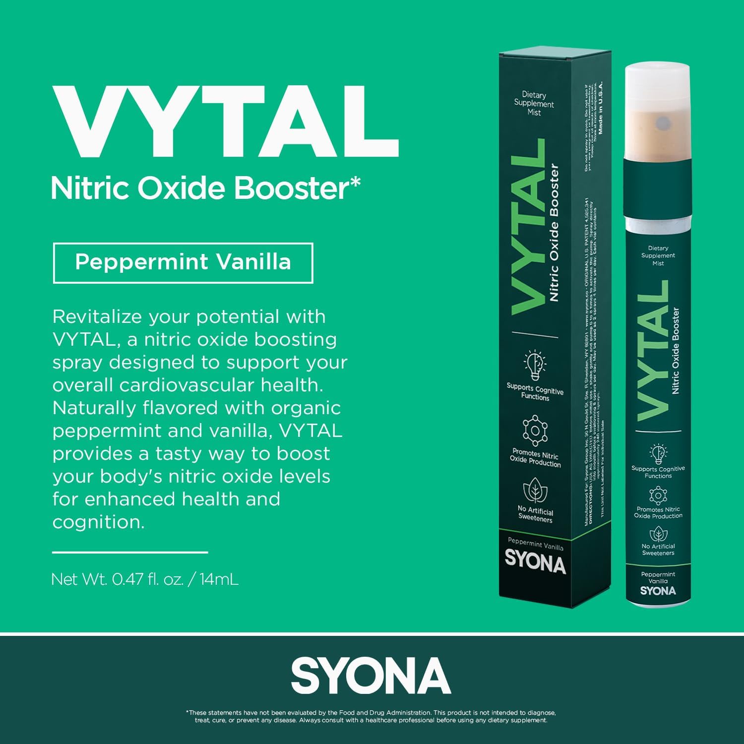 VYTAL Nitric Oxide Boosting Spray - Cardiovascular & Cognitive Support - Peppermint Vanilla Flavor - B12, B3, L-Arginine - 14ml Pump Bottle
