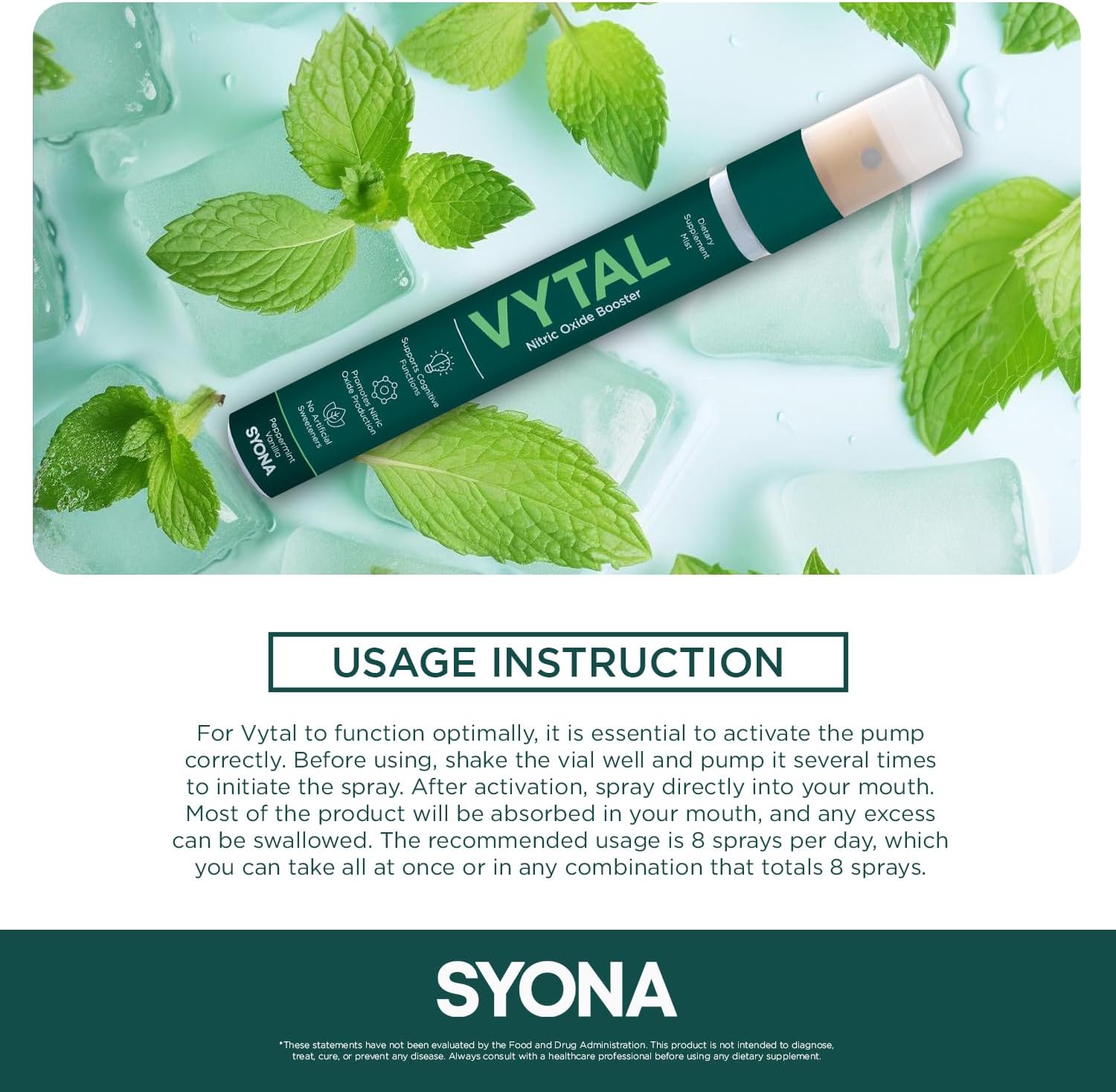 VYTAL Nitric Oxide Boosting Spray - Cardiovascular & Cognitive Support - Peppermint Vanilla Flavor - B12, B3, L-Arginine - 14ml Pump Bottle