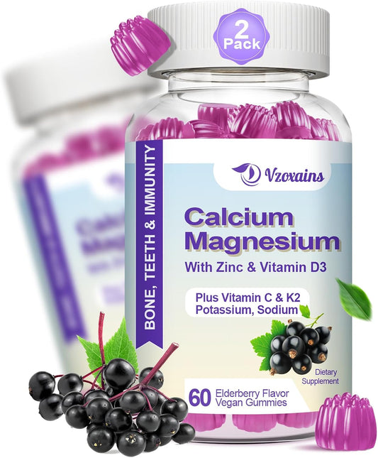 VZOXAINS Elderberry Flavored Calcium Gummies with Potassium and Vitamin D3 - Vegan Sugar Free Supplement for Bone Strength and Muscle Function - 120 Count