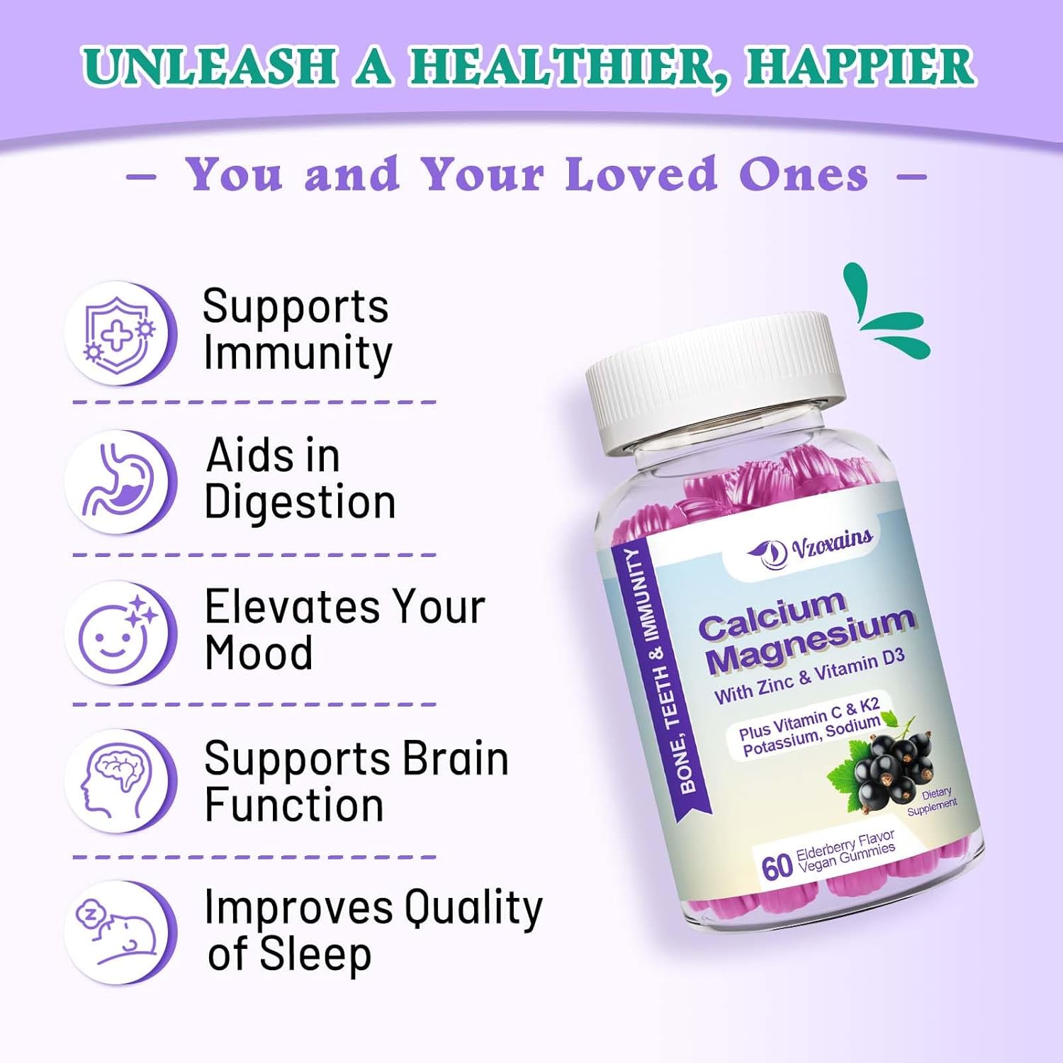 VZOXAINS Elderberry Flavored Calcium Gummies with Potassium and Vitamin D3 - Vegan Sugar Free Supplement for Bone Strength and Muscle Function - 120 Count