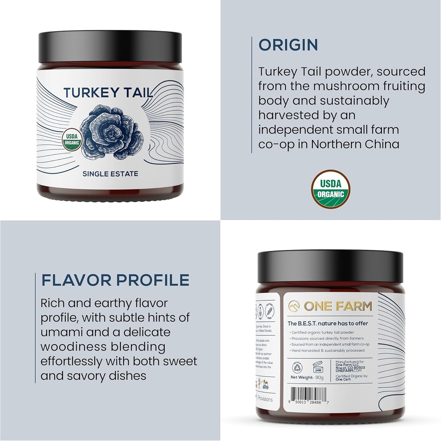 WAAYB Organic Turkey Tail Mushroom Powder for Gut, Energy, Brain, Immune Support - Single Estate, Non-GMO Vegan Supplement in Glass Jar