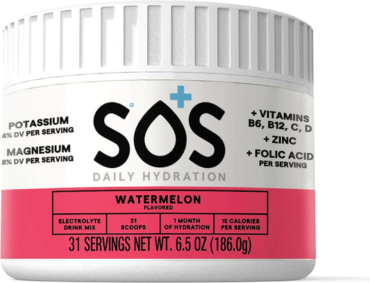 Watermelon Flavored SOS Hydration Electrolyte Powder - 31 Servings, Low-Calorie & Rapid Rehydration - Keto & Vegan Friendly - Made in USA