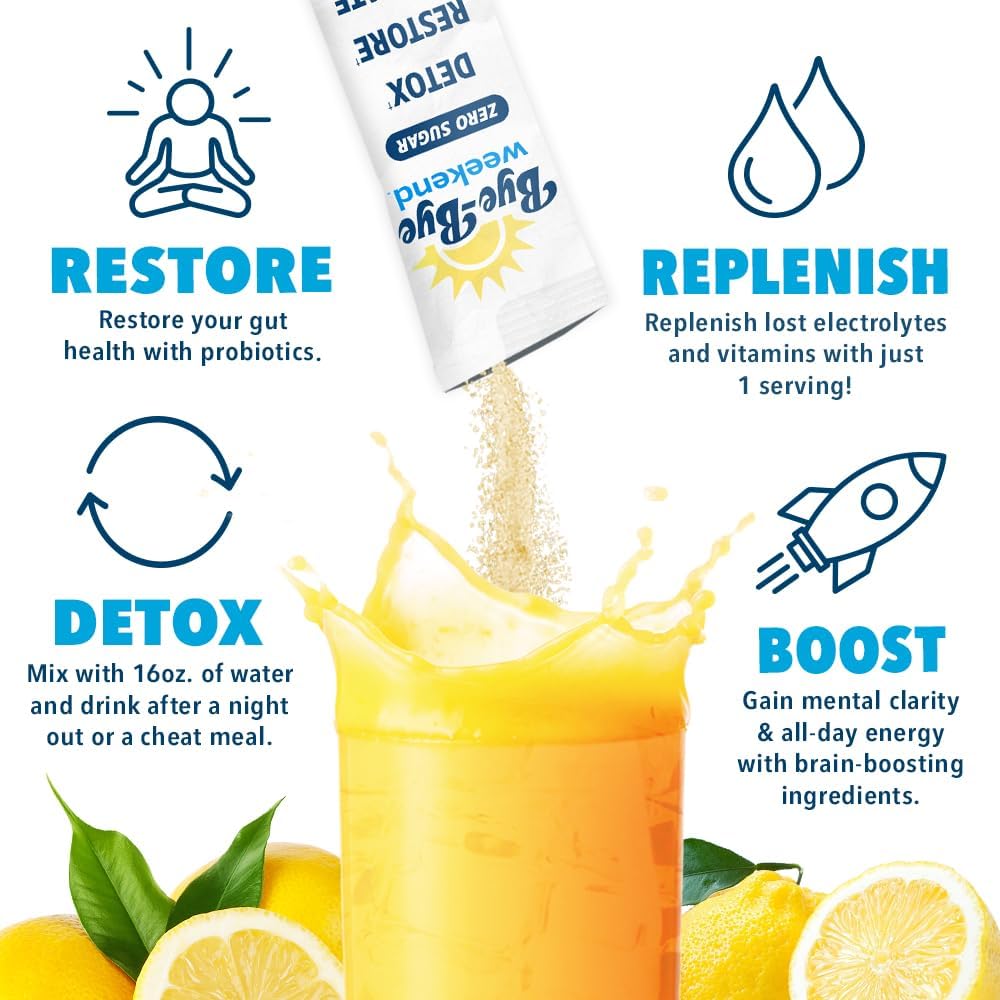 Weekend Lemonade Drink Mix with Electrolytes, Probiotics, Vitamins - Supports Liver & Gut Health - Reduces Bloating, Fatigue, Brain Fog - Sugar-Free - 4 Pack