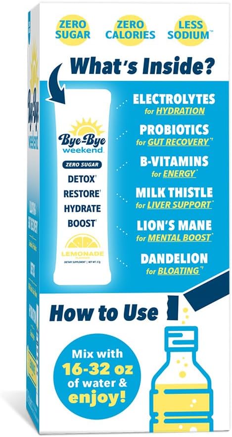 Weekend Lemonade Drink Mix with Electrolytes, Probiotics, Vitamins - Supports Liver & Gut Health - Reduces Bloating, Fatigue, Brain Fog - Sugar-Free - 4 Pack