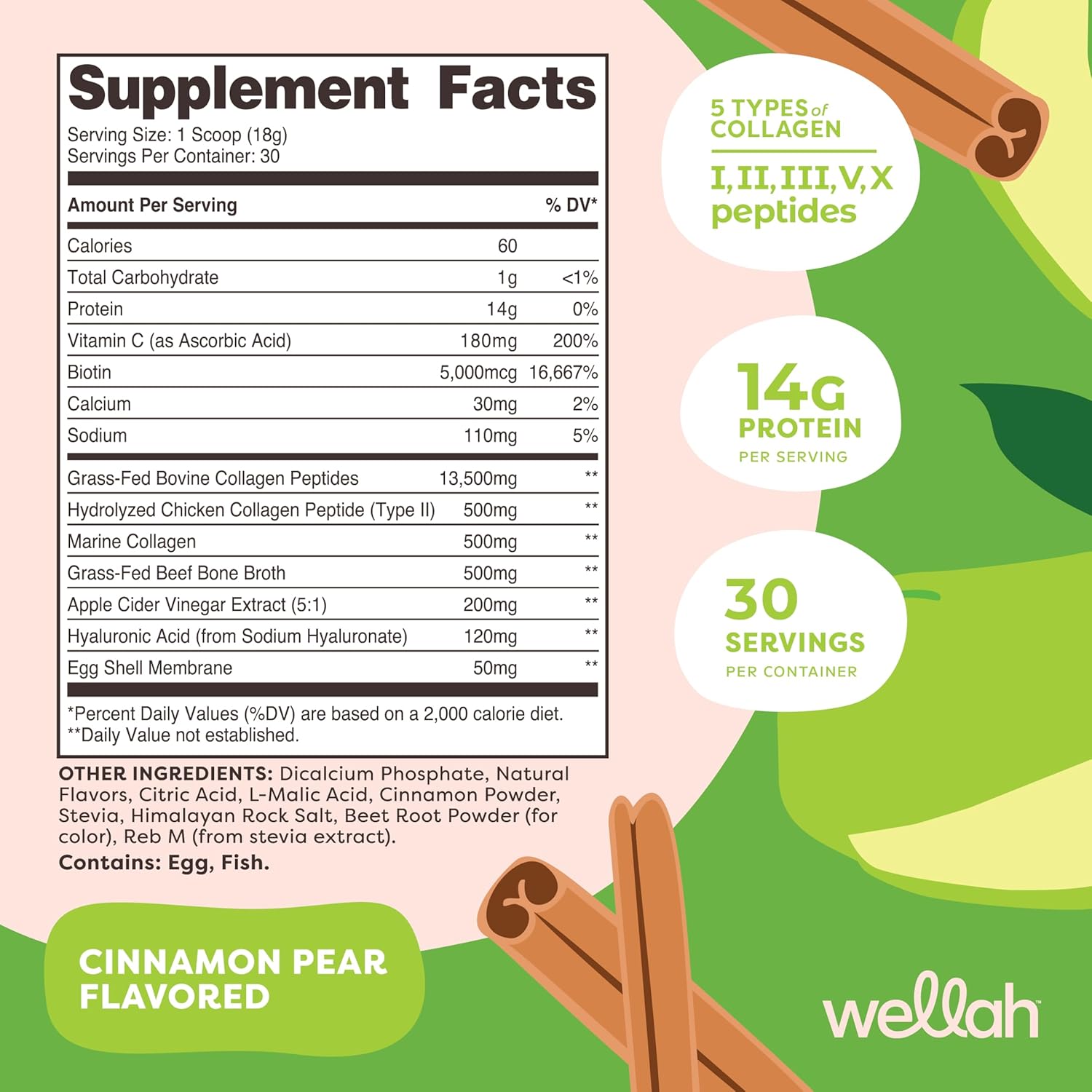Wellah Afterglow Collagen Protein + Beauty Blend (30 Servings, Cinnamon Pear) - Supports Hair, Skin, Nails & Joints - Non-GMO & Gluten Free
