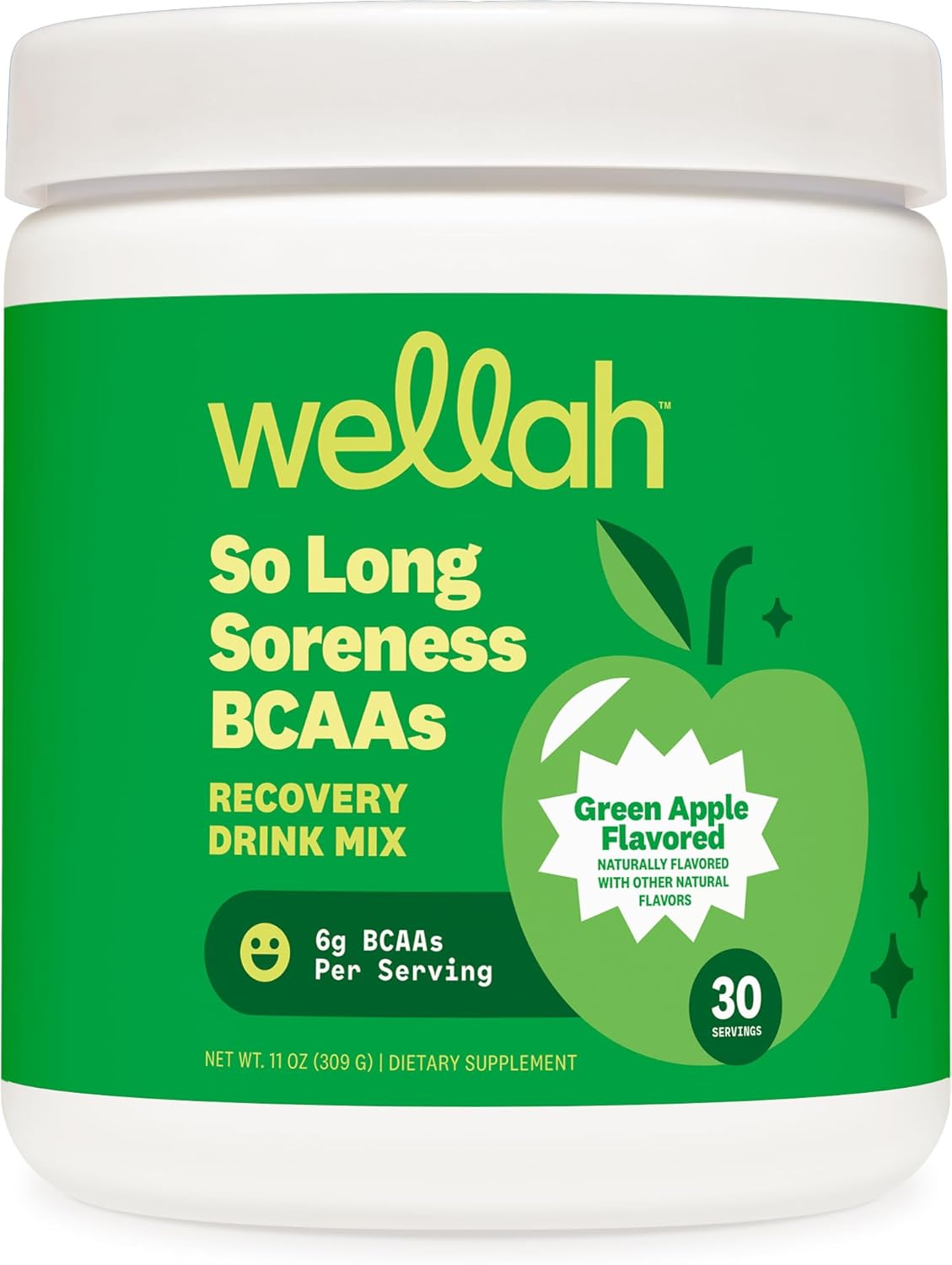 Wellah Green Apple Flavored BCAA Powder for Soreness Relief and Hydration - 30 Servings