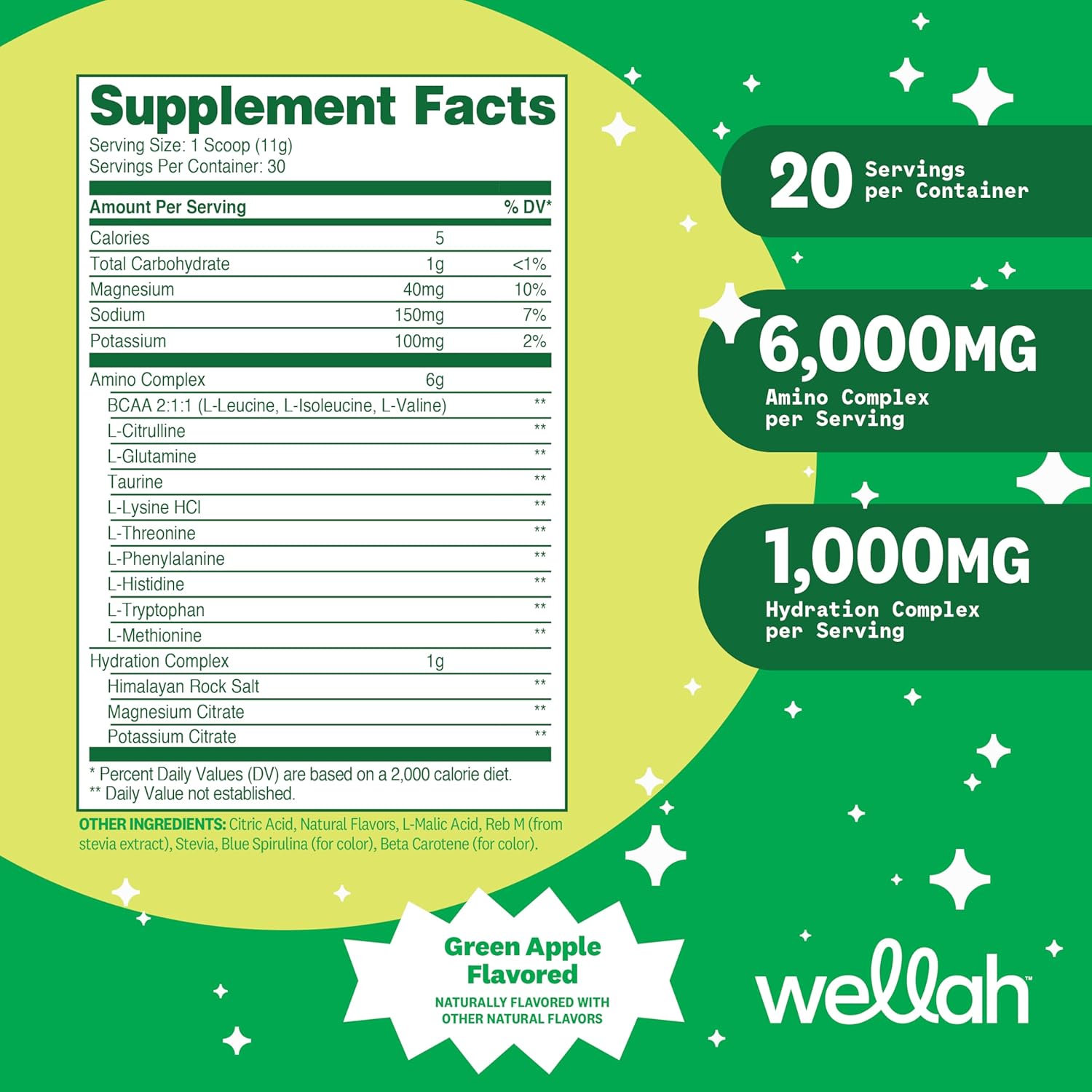 Wellah Green Apple Flavored BCAA Powder for Soreness Relief and Hydration - 30 Servings