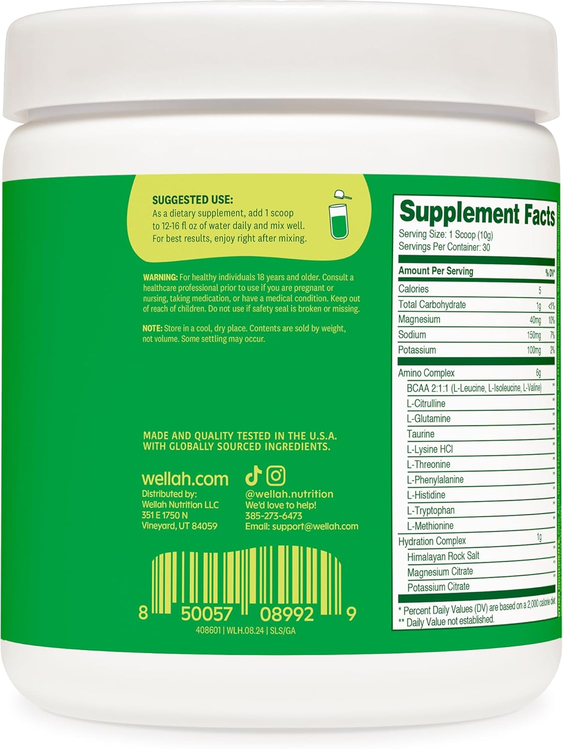 Wellah Green Apple Flavored BCAA Powder for Soreness Relief and Hydration - 30 Servings