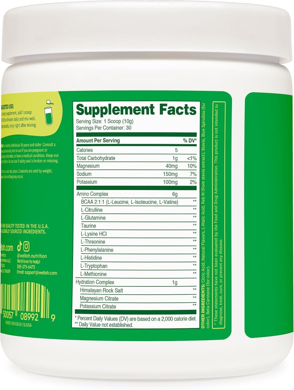 Wellah Green Apple Flavored BCAA Powder for Soreness Relief and Hydration - 30 Servings